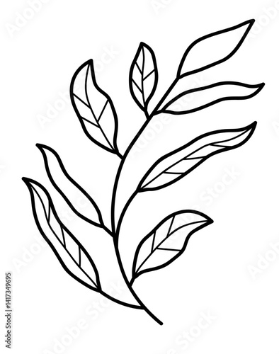 Part of  plant,  stem with leaves in black and white. Environment, nature, flora. Decoration for postcards, posters, business cards, invitations. One icon isolated on  white background. Flat design.