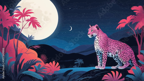 The image depicts a serene nighttime jungle scene with a pink leopard standing on a rock, gazing at a large, full moon in the sky. The background features lush, tropical vegetation, including palm tre