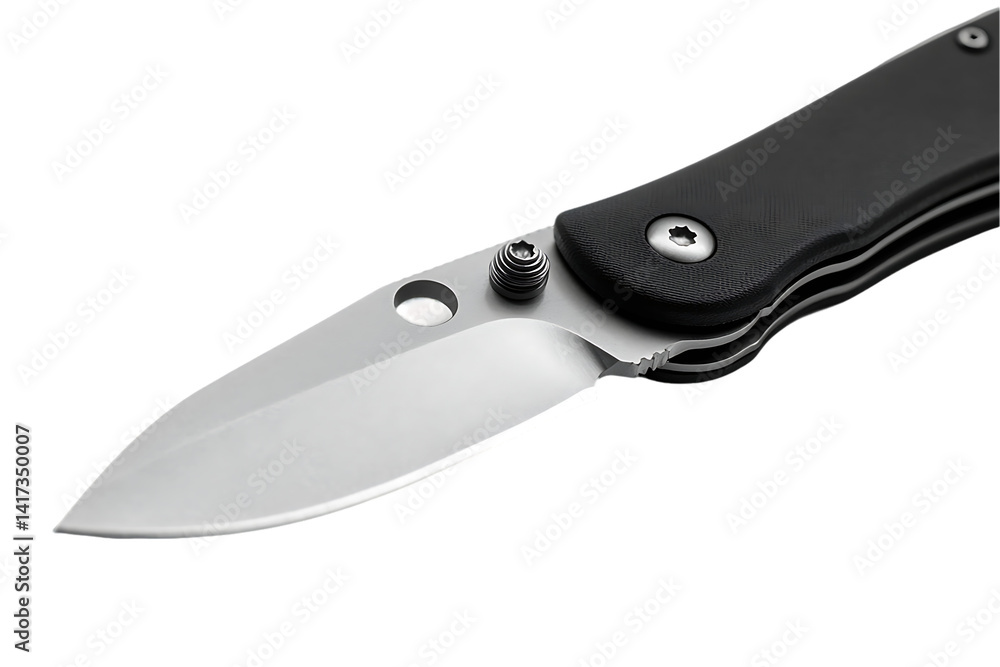 Sleek Folding Knife: Close-up of Polished Blade and Black Handle Detail on White. Sleek Folding Knife: Close-up of Polished Blade and Black Handle Detail on White.