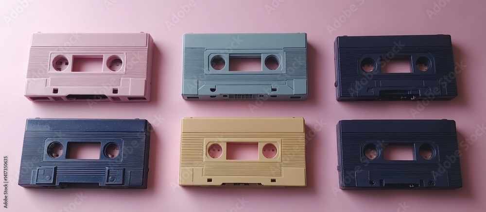 Fototapeta premium Colorful audio cassette tapes on pastel background