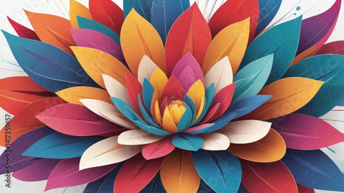 The image features a vibrant, symmetrical design resembling a stylized flower or mandala. It consists of intricate, geometric patterns with bright colors such as pink, blue, orange, and purple, creati