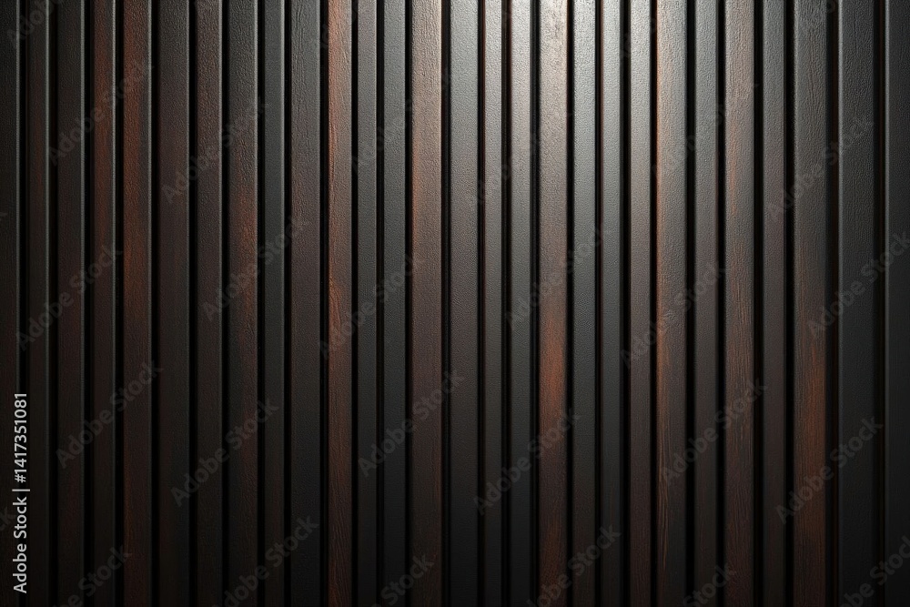 Abstract modern wallpaper design featuring dark brown vertical wood strips. Ultra-realistic 3D rendering with cinematic lighting showcases textured wall panel. 8K resolution. Abstract modern wallpaper design featuring dark brown vertical wood strips. Ultra-realistic 3D rendering with cinematic lighting showcases textured wall panel. 8K resolution.