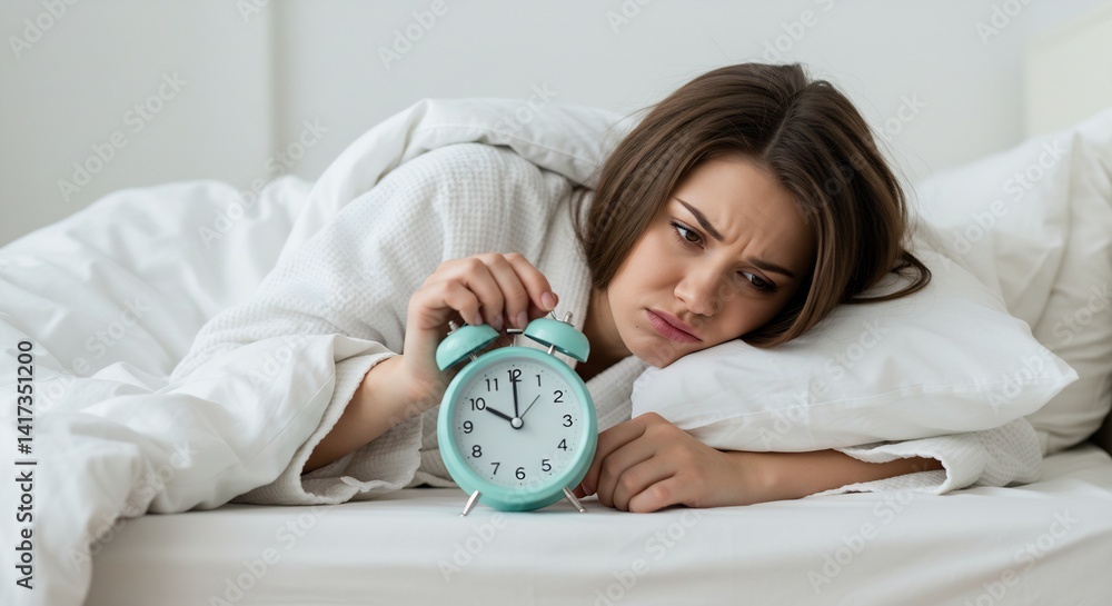 Unhappy Woman Waking Up Early, Reaching for Alarm Clock in Bed Unhappy Woman Waking Up Early, Reaching for Alarm Clock in Bed