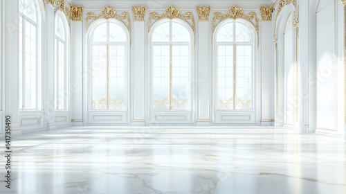 Elegant  spacious interior. Sunlit hall with ornate details