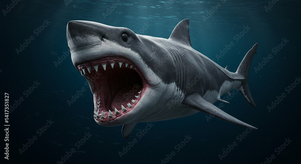Naklejka premium Great White Shark Open Mouth Swimming in Ocean Depth