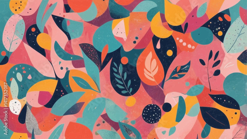 The image features a vibrant and colorful abstract pattern with various shapes and forms. It includes swirling lines, leaf-like shapes, and other organic elements in bright colors such as pink, orange