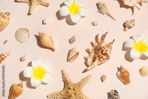 Many sea shells and flowers...