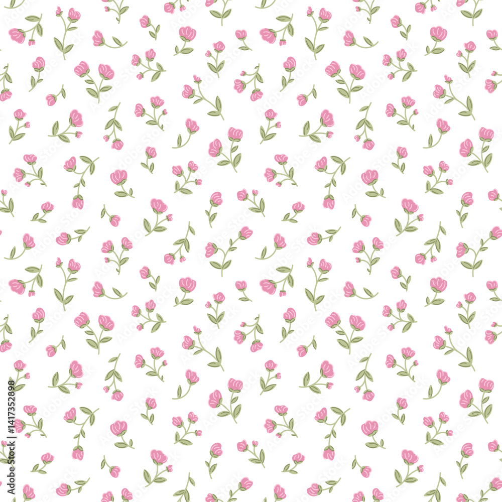 Beautiful cute small tiny rose flowers with leaves on white background, simple vintage ditsy style pink  colour. Floral seamless pattern for textile fabric print design. Vector template illustration