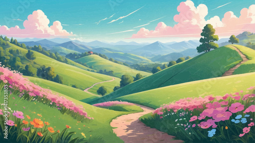 краткое описание векторного изображения на английском
This vector image depicts a serene and picturesque landscape. The scene features rolling green hills under a clear blue sky with fluffy white clou