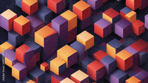 This image appears to be an abstract digital artwork featuring a series of interconnected cubes or blocks arranged in a three-dimensional grid. The cubes are rendered in vibrant shades of red, orange,