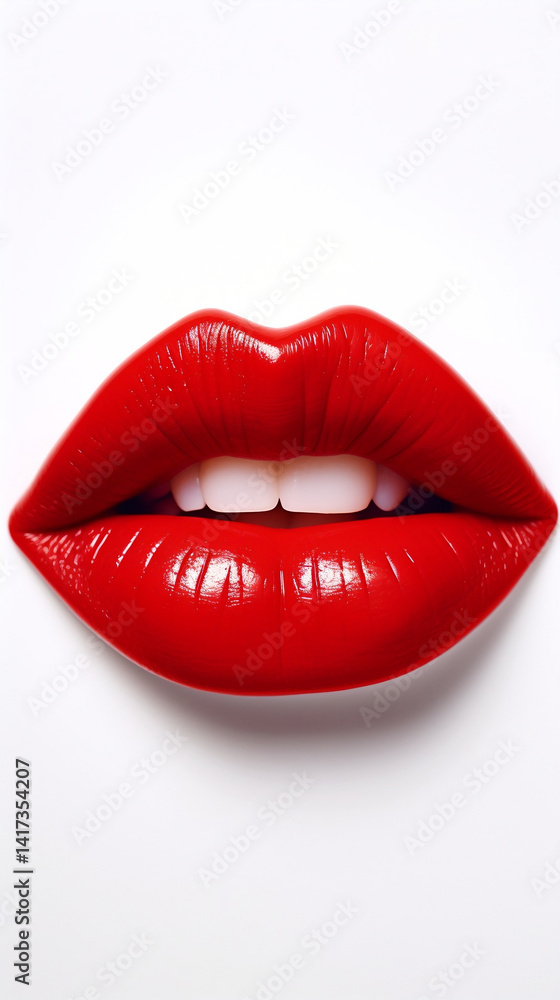 Glossy red lips on white background showcasing vibrant color and smooth texture Glossy red lips on white background showcasing vibrant color and smooth texture