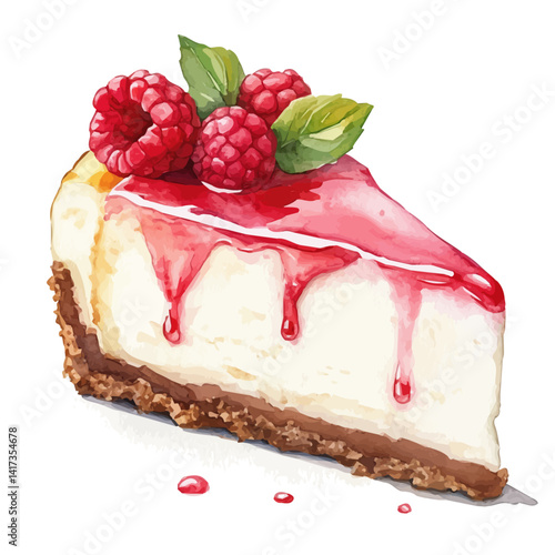 Slice Of Cheesecake With Raspberry Drizzle, watercolor vector, isolated on a white background.