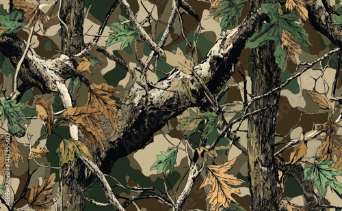 Vector hunting camouflage pattern. Real tree camouflage seamless pattern. Hunting camouflage background. Military camo design.