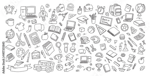 Back to school doodle elements. Vector illustration in line. Used for banner, poster, background, etc