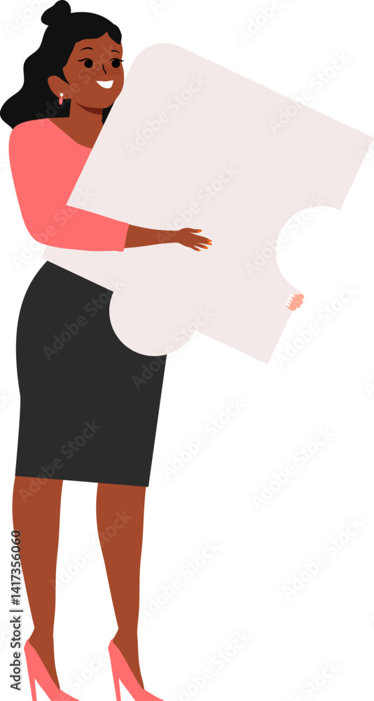 Woman working collaboratively holding a puzzle piece Woman working collaboratively holding a puzzle piece