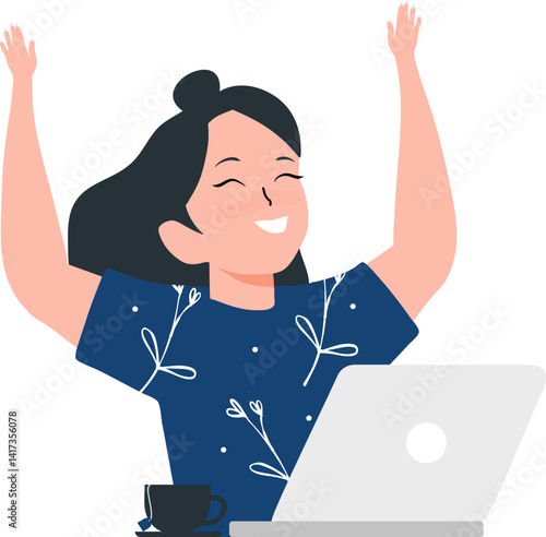 Woman Working on Laptop with a Happy and Successful Expression