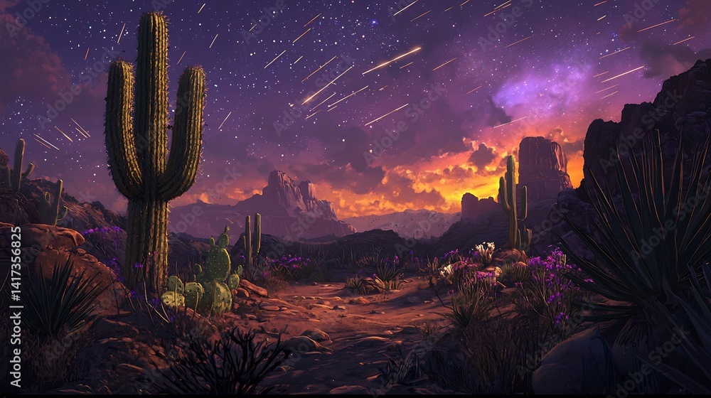 Stunning desert landscape with cacti, meteor shower, and vibrant sunset atmosphere Stunning desert landscape with cacti, meteor shower, and vibrant sunset atmosphere