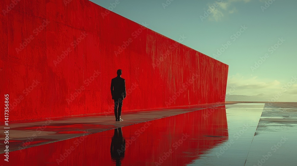 Person walks near a large red wall with reflection in water under blue sky.