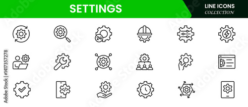 Setting and setup icon set. UI icon set. Contains such icons as gear, adjustments, setup, preferences, options, controls, service, operation icons, and more. Vector illustration