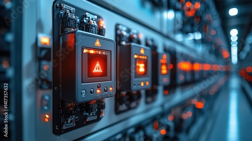 Close-up of illuminated control panels in a high-tech facility with warning indicators and machinery