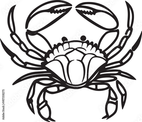 Silhouette of a crab in black and white against a white background, featured in a vector art illustration collection