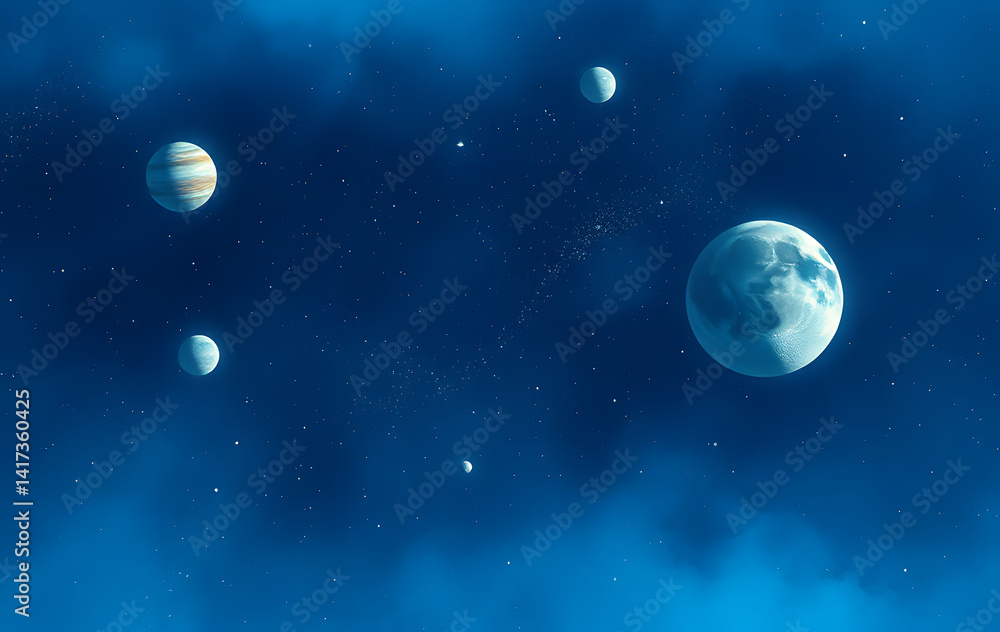 Fototapeta premium Space image of four planets gracefully dancing in a deep blue expanse, suitable for astronomy, science fiction, educational, and futuristic design projects.