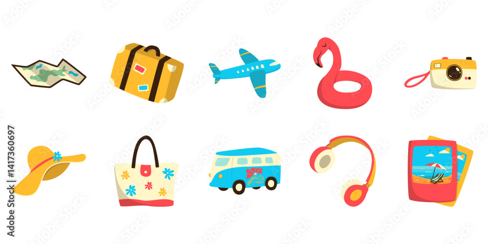Set of summer, beach, and vacation stuff illustration. Vector isolated. Set of summer, beach, and vacation stuff illustration. Vector isolated.