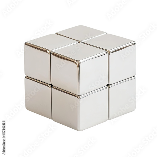 A set of interlocking, metallic cubes designed as a magnetic puzzle for educational or playful exploration.