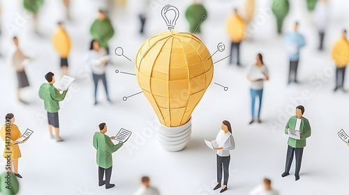 AI-powered startup incubator made of paper-craft, filled with paper entrepreneurs brainstorming futuristic business solutions 