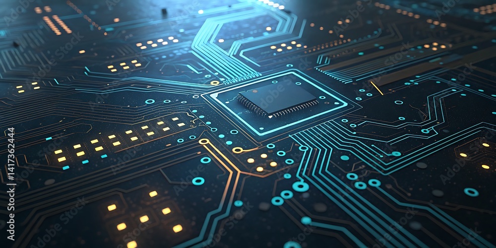 Futuristic motherboard with glowing pathways showing connection and data transfer process Futuristic motherboard with glowing pathways showing connection and data transfer process