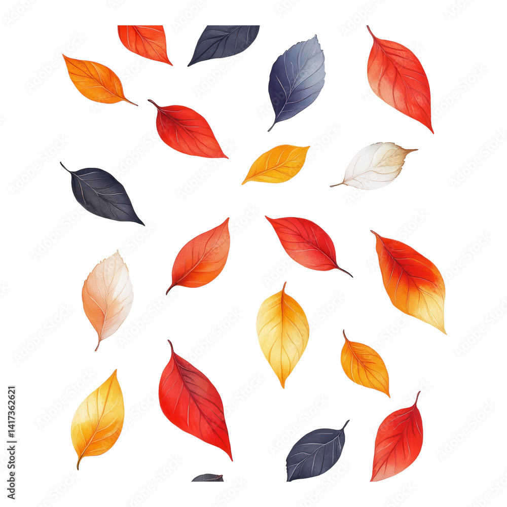 Fototapeta premium Vibrant fall leaves scattered across a bright white background capturing the essence of autumn in every hue and texture on transparent background