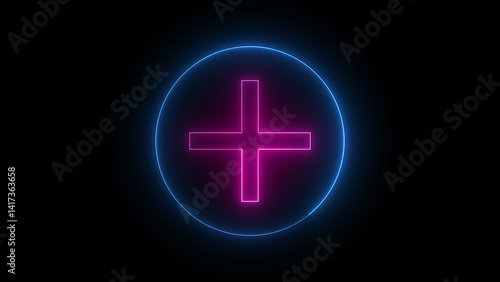 neon glowing blue pink color plus sign or help symbol with circle isolated on black background.
