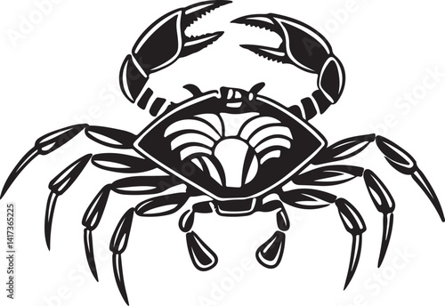 Silhouette of a crab in black and white against a white background, featured in a vector art illustration collection