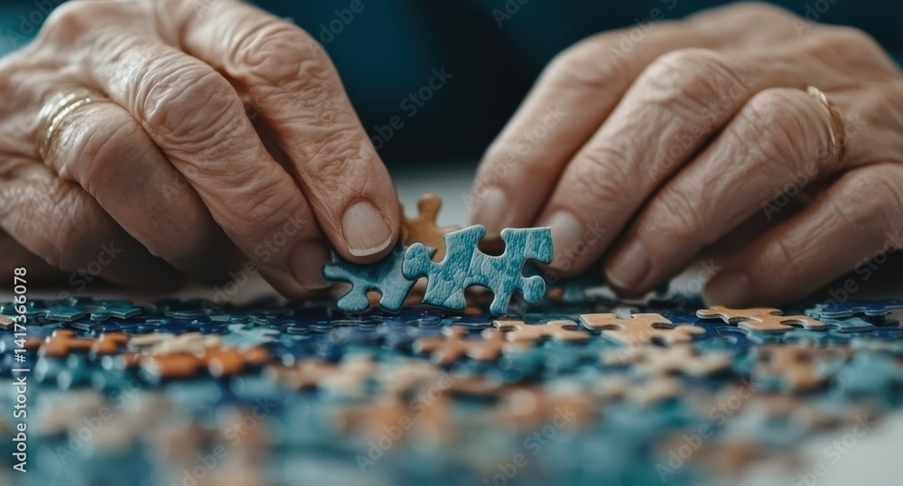 Elderly Hands Fitting Puzzle Pieces Together on a Table Elderly Hands Fitting Puzzle Pieces Together on a Table