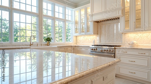 Under cabinet lighting accentuating the marble veining and illuminating the work surface.