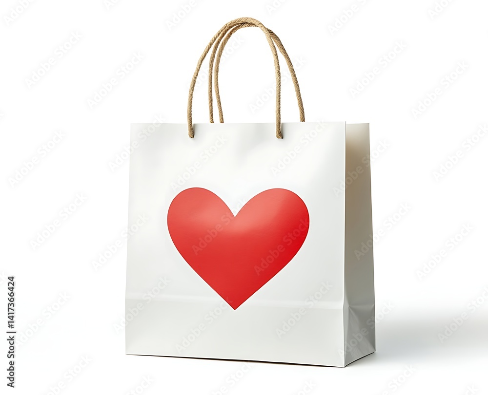 A paper shopping bag with a red heart sticker, white background A paper shopping bag with a red heart sticker, white background
