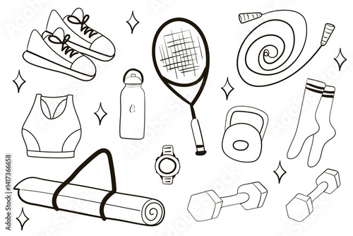 Fitness equipment collection doodle set. Workout accessory, yoga mat, sportswear, tennis racket and bag. Modern isolated vector illustration.