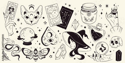 Mystical set of stickers. Hand-drawn magic and witchcraft elements. Skull,tarot cards, hand, witch, potion, cat, fortune ball. Halloween set.