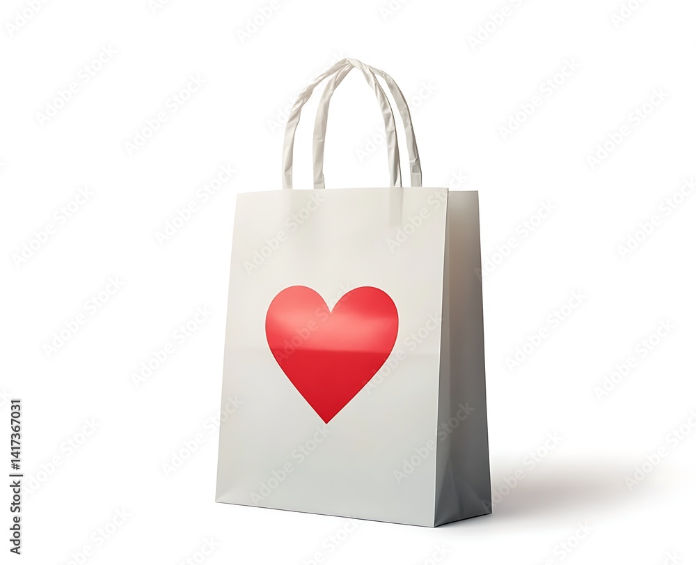 A paper shopping bag with a red heart sticker, white background A paper shopping bag with a red heart sticker, white background
