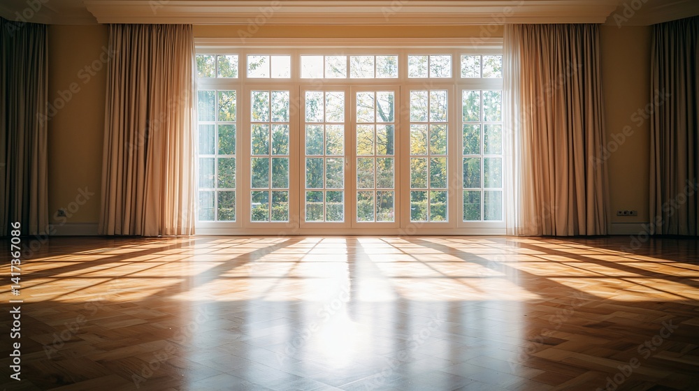 Fototapeta premium A large window offering natural light, framed by simple, unadorned curtains.
