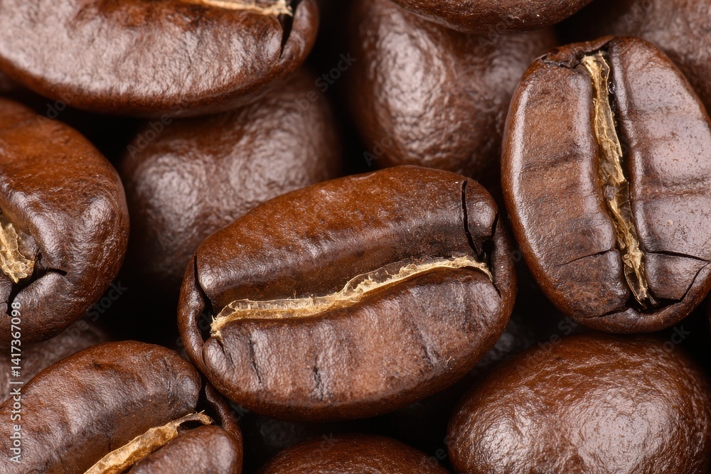 Close-Up Shot of Glossy Dark Roast Coffee Beans on Wooden Table Close-Up Shot of Glossy Dark Roast Coffee Beans on Wooden Table