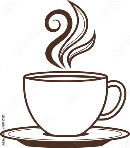 Coffee cup, stylized steam, minimalist design, line art, brown outline, white background, curved lines, simple elegance, coffee shop logo, hot beverage icon, espresso symbol, café illustration, clean 