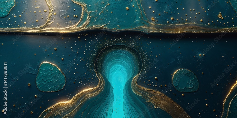 Fototapeta premium Swirling layers of teal and gold abstract art with an illuminated keyhole effect.