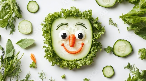 Funny veggie face, cucumber, lettuce, healthy food art