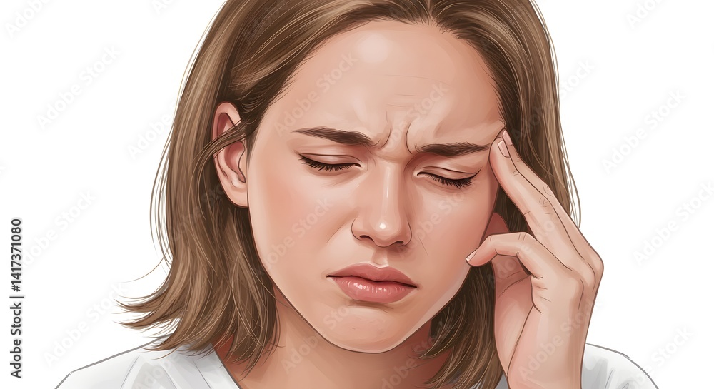 Digital portrait displaying a woman experiencing stress or a severe headache Digital portrait displaying a woman experiencing stress or a severe headache