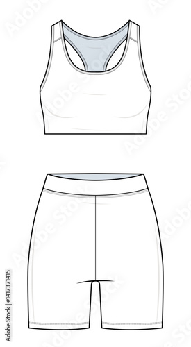Sports Bra and Biker Shorts Set Technical Fashion Illustration. Activewear Vector Template. Front View. Fitted Racerback Bra and Mid-Thigh Shorts. Stretch Fabric. Women’s Workout Clothing. CAD Mockup.