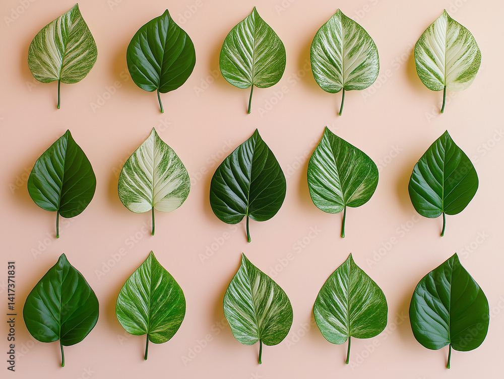 Green leaves arranged in grid pattern on peach background Green leaves arranged in grid pattern on peach background