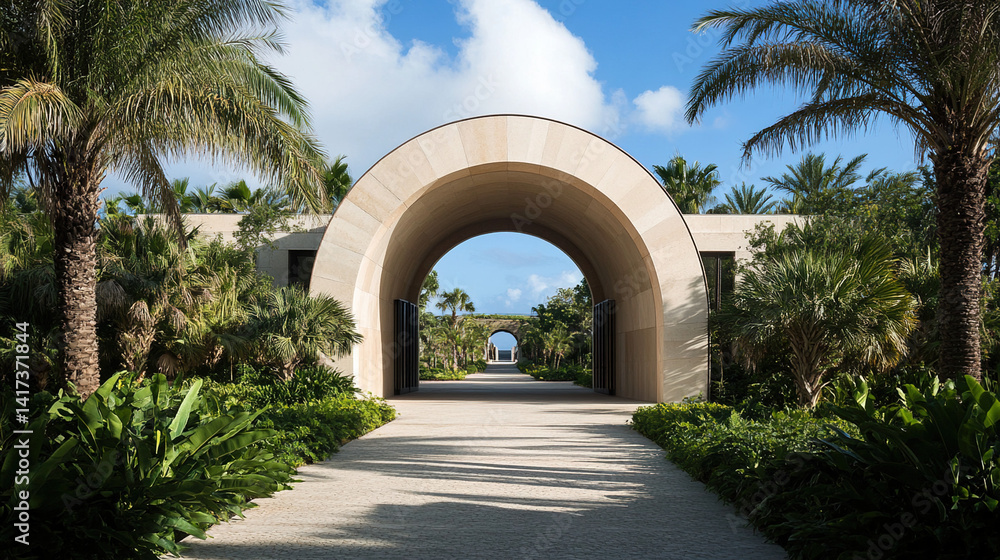 Obraz premium Modern residence grand entrance archway with lush greenery, showcasing elegant architectural design under a clear blue sky.