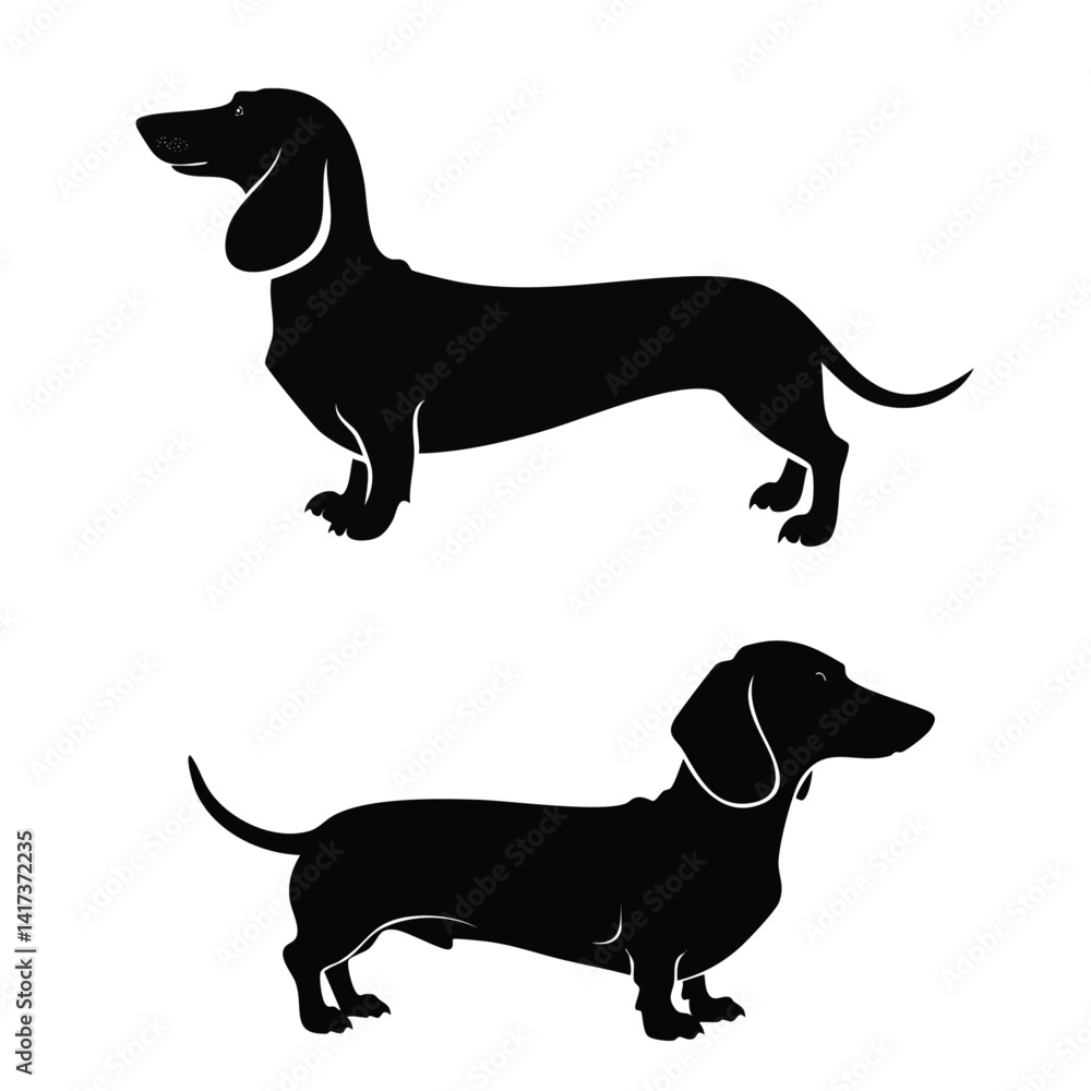 Set of Dachshund dog. Vector black silhouette graphic design