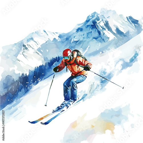 illustration of Skier Gliding Down A Snow-covered Mountain, watercolor vector, isolated on a white background.